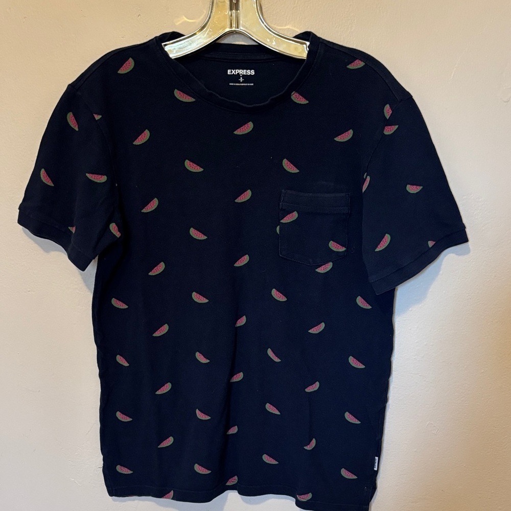 Express Men's Dark Blue Tee with Fruit Motif